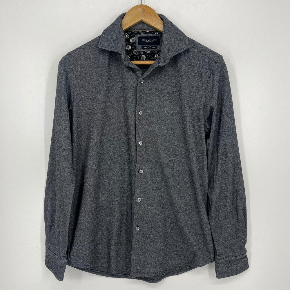 Denim & Flower Ricky Singh Mens Small Grey Heather Knit Button Shirt Long Sleeve